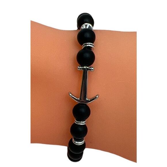 Anchor / Stone Bracelet Black Silver Tone Stretch Unisex Nautical Beach Classic - Picture 1 of 5
